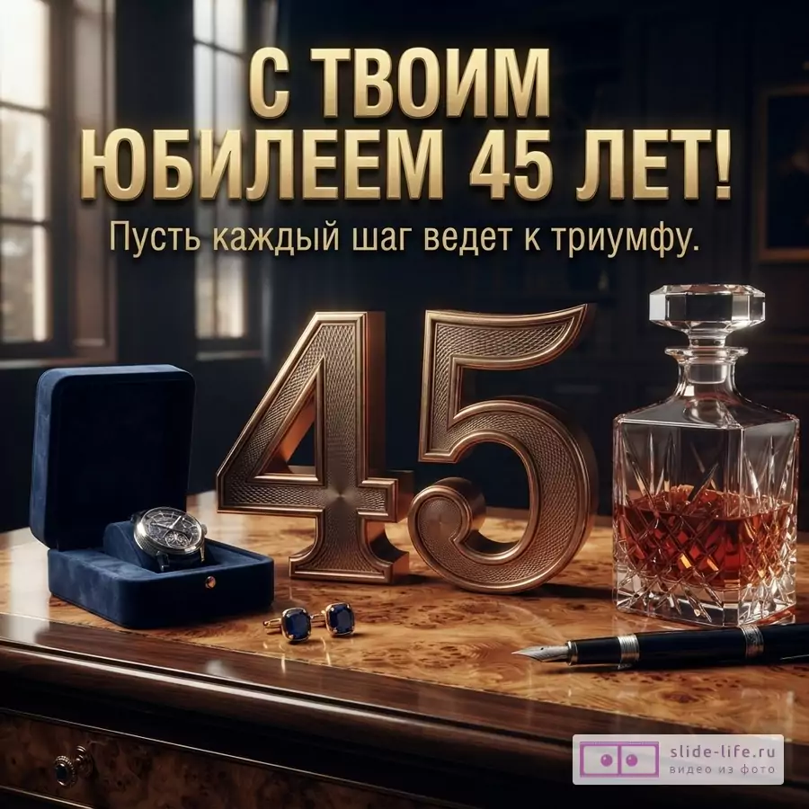 Открытка с золотыми буквами на черном фоне, на переднем плане деревянный стол с часами в синей коробке, запонками, графином с виски, ручкой и золотыми цифрами 45. Текст: «С ТВОИМ ЮБИЛЕЕМ 45 ЛЕТ! Пусть каждый шаг ведет к триумфу.»