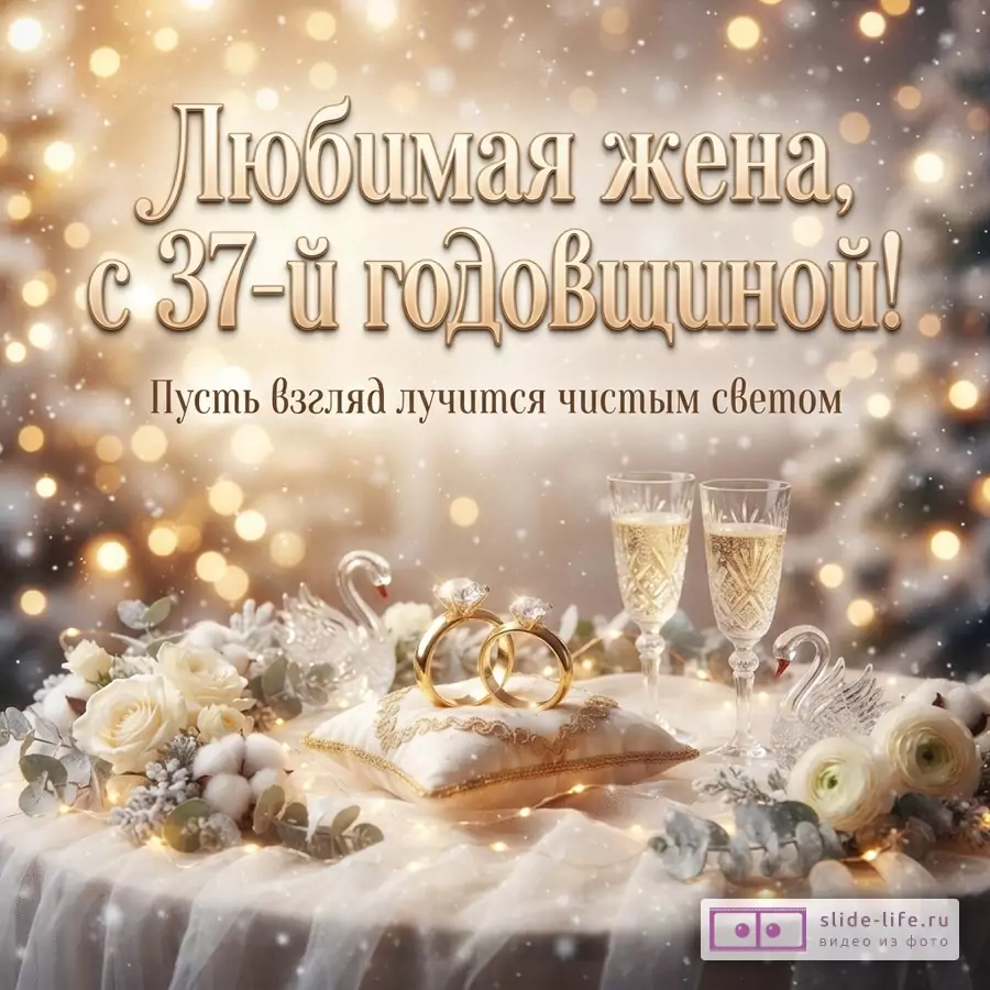Золотистый фон с боке, на переднем плане стол с белой скатертью, на ней два бокала шампанского, два золотых кольца на подушечке, белые цветы и декоративные лебеди. Текст: «Любимая жена, с 37-й годовщиной! Пусть взгляд лучится чистым светом»