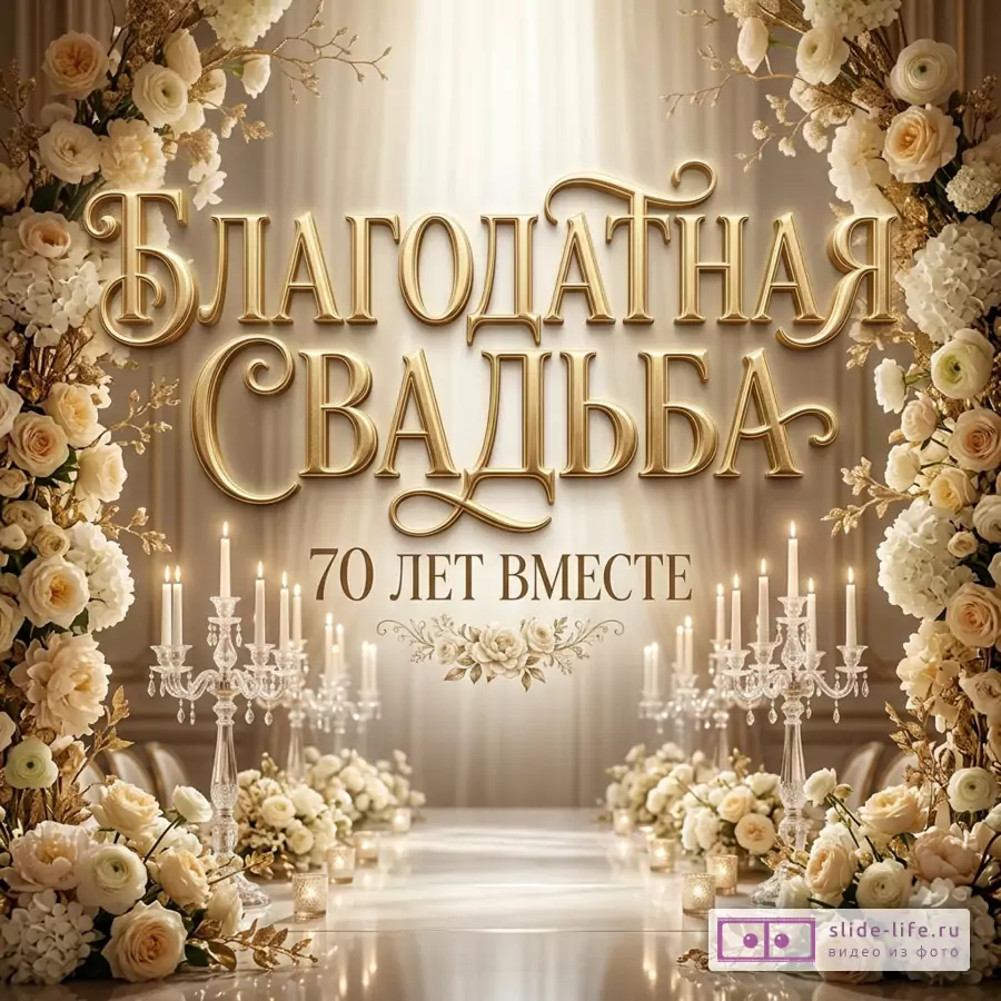 Золотисто-кремовая открытка с цветочной аркой, белыми и кремовыми розами, гортензиями, хрустальными канделябрами и текстом «БЛАГОДАТНАЯ СВАДЬБА 70 ЛЕТ ВМЕСТЕ»