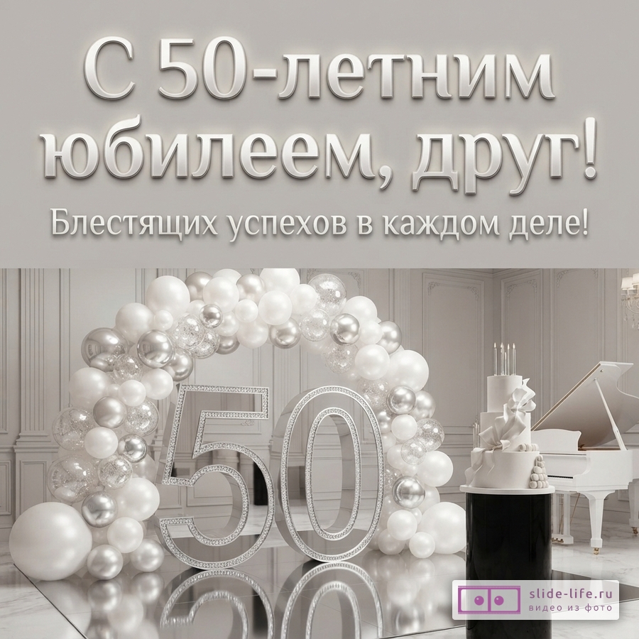 Открытка с серым фоном, надпись «С 50-летним юбилеем, друг! Блестящих успехов в каждом деле!», арка из белых и серебристых шаров, цифры 50, белый торт, белое пианино.
