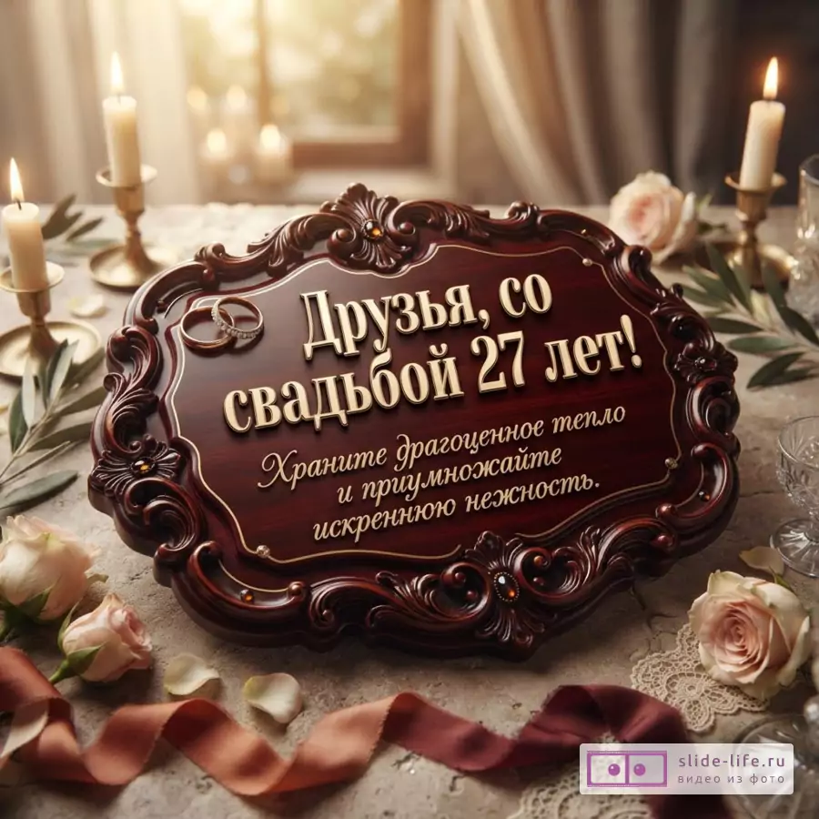 Коричневая резная табличка с золотым текстом на фоне стола со свечами и розами. Текст на табличке: «Друзья, со свадьбой 27 лет! Храните драгоценное тепло и приумножайте искреннюю нежность.»