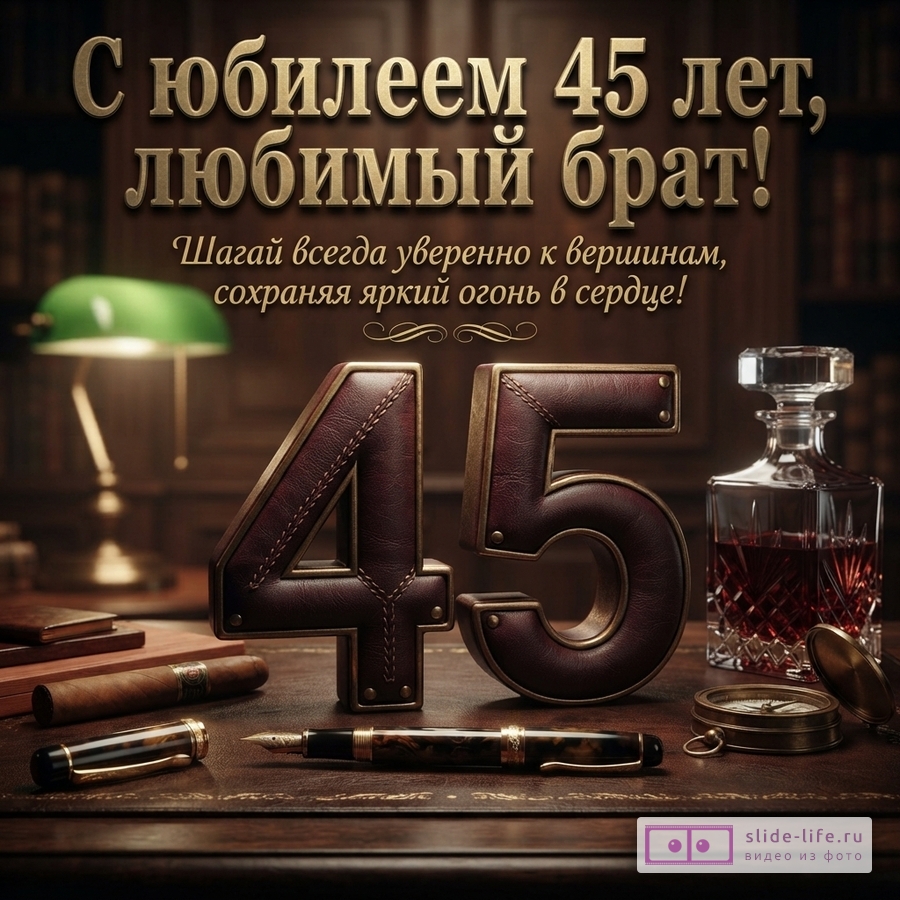 Фон коричневый, на переднем плане цифры «45» из коричневой кожи, ручка, сигара, графин с напитком. Текст «С юбилеем 45 лет, любимый брат! Шагай всегда уверенно к вершинам, сохраняя яркий огонь в сердце!»
