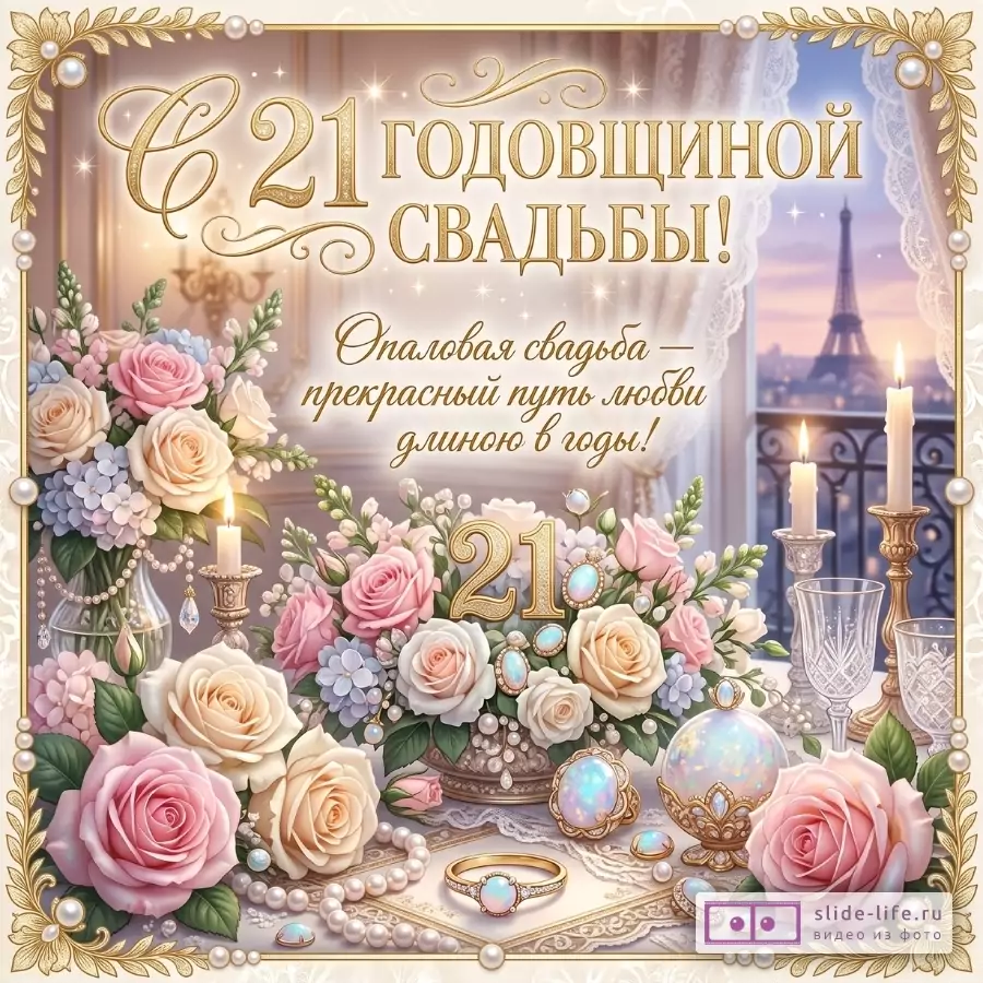 Бежево-розовая открытка с золотой рамкой, цветами, свечами, бокалами, кольцом и Эйфелевой башней; текст «С 21 ГОДОВЩИНОЙ СВАДЬБЫ!», «Опаловая свадьба — прекрасный путь любви длиною в годы!»