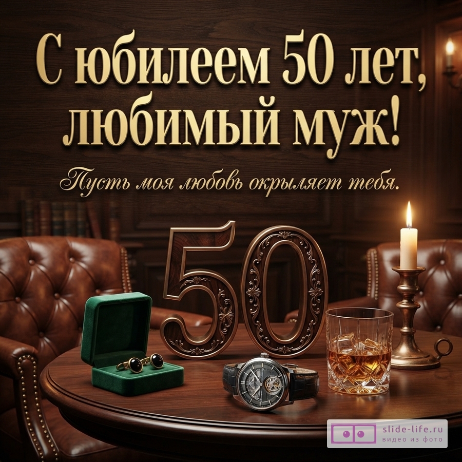 Открытка с юбилеем 50 лет на коричневом фоне, золотые буквы, текст «С юбилеем 50 лет, любимый муж! Пусть моя любовь окрыляет тебя.»