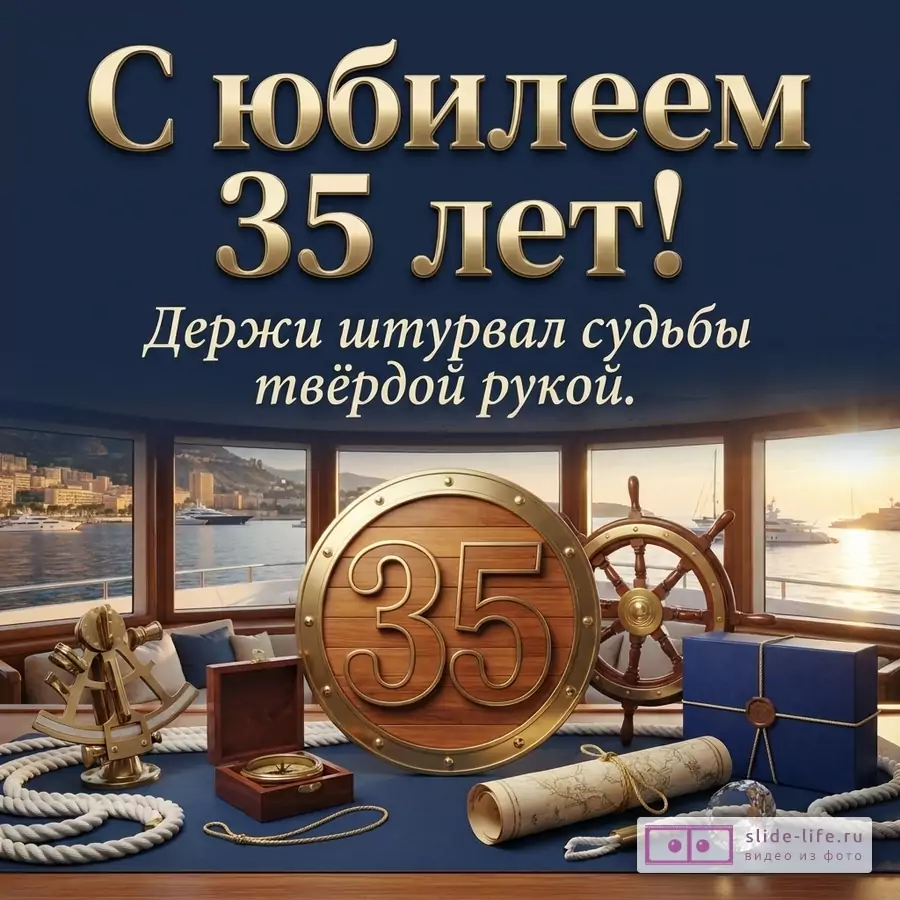 Морской интерьер яхты со штурвалом, компасом и картой, надпись «С юбилеем 35 лет! Держи штурвал судьбы твёрдой рукой.» на синем фоне