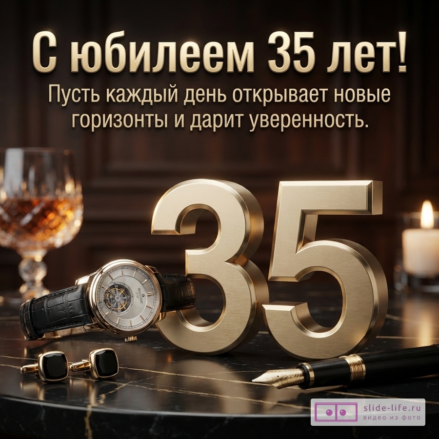 Золотые цифры 35, наручные часы, запонки, перьевая ручка и бокал на черном мраморе с текстом «С юбилеем 35 лет! Пусть каждый день открывает новые горизонты и дарит уверенность.»