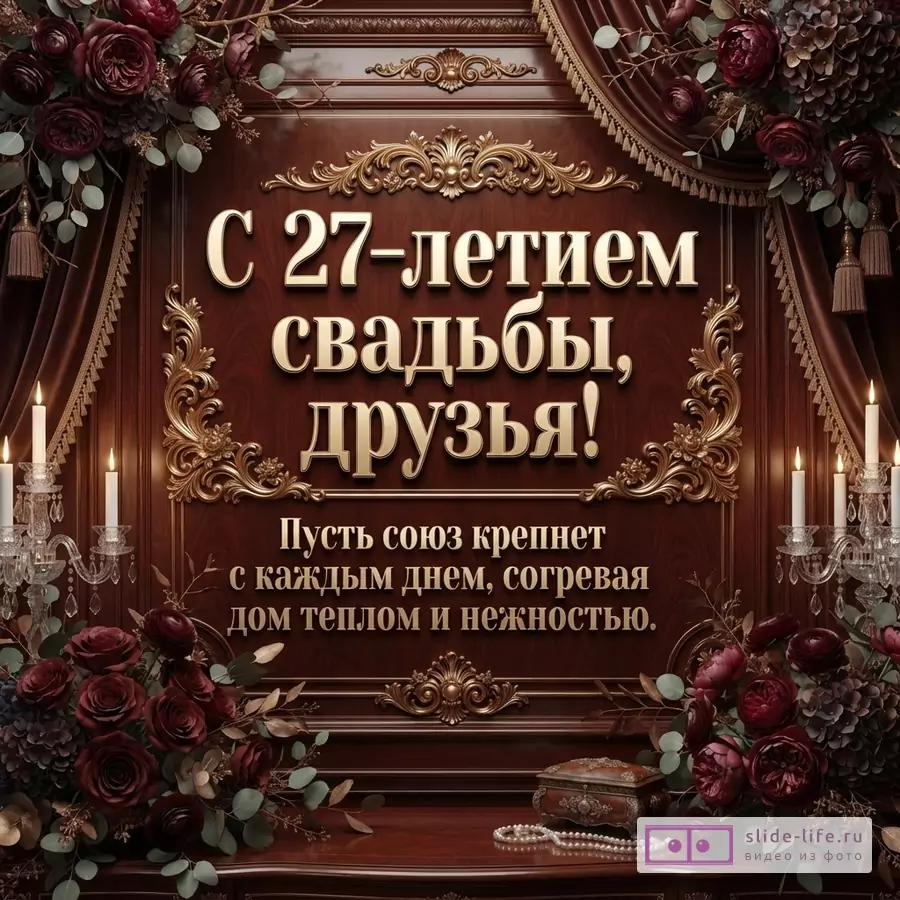 Фон из красного дерева, золотая рамка, бордовые розы, свечи. Текст: «С 27-летием свадьбы, друзья! Пусть союз крепнет с каждым днем, согревая дом теплом и нежностью.»