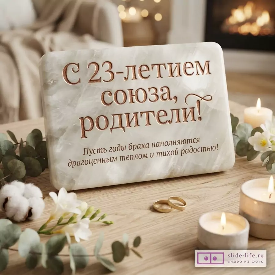 Мраморная открытка на деревянном столе с цветами, эвкалиптом, кольцами и свечами. Текст: «С 23-летием союза, родители! Пусть годы брака наполняются драгоценным теплом и тихой радостью!»