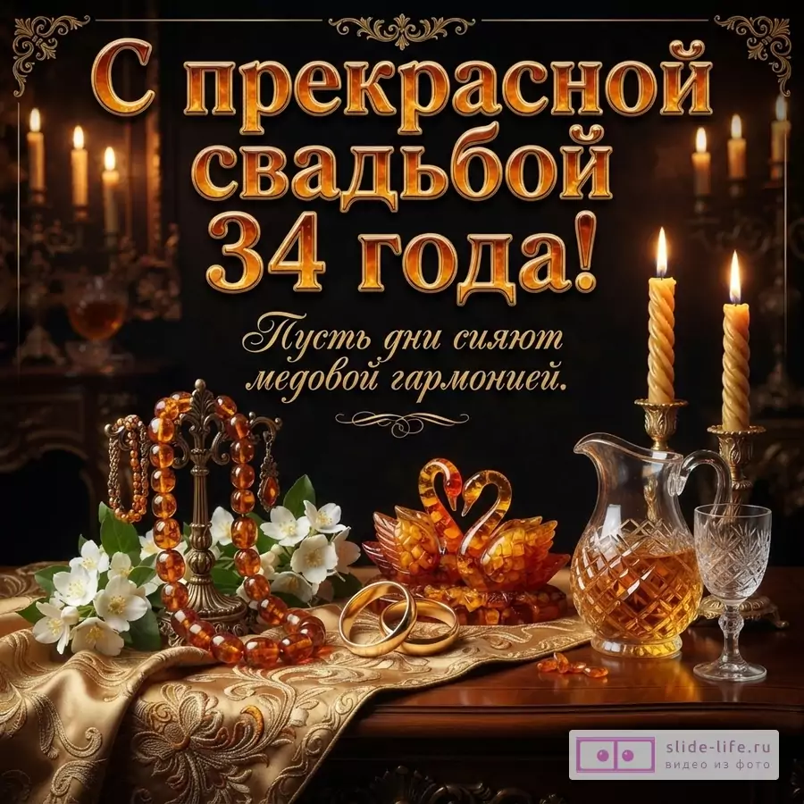 Открытка на черном фоне с золотыми свечами и янтарными украшениями. Текст: «С прекрасной свадьбой 34 года! Пусть дни сияют медовой гармонией.»