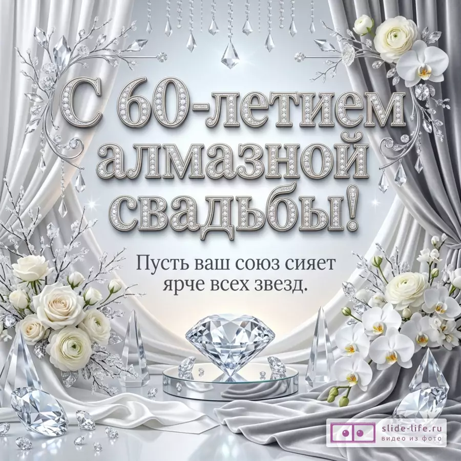 Серебристо-белая открытка с драпировками, кристаллами, подвесками, белыми розами и орхидеями, крупным бриллиантом и текстом «С 60-летием алмазной свадьбы! Пусть ваш союз сияет ярче всех звезд.»