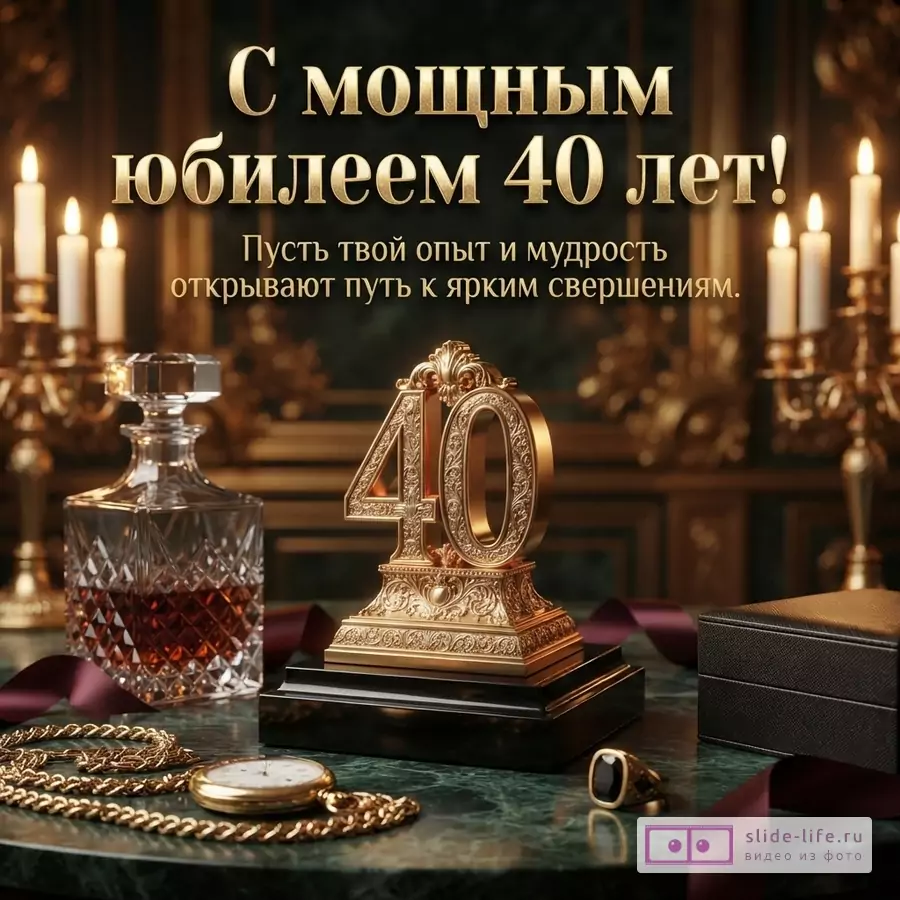 Темный фон, золотые свечи, графин с виски. В центре золотая статуэтка «40» на черном постаменте. На переднем плане золотые часы на цепочке, кольцо с черным камнем, черная подарочная коробка. Текст: «С мощным юбилеем 40 лет! Пусть твой опыт и мудрость открывают путь к ярким свершениям.»