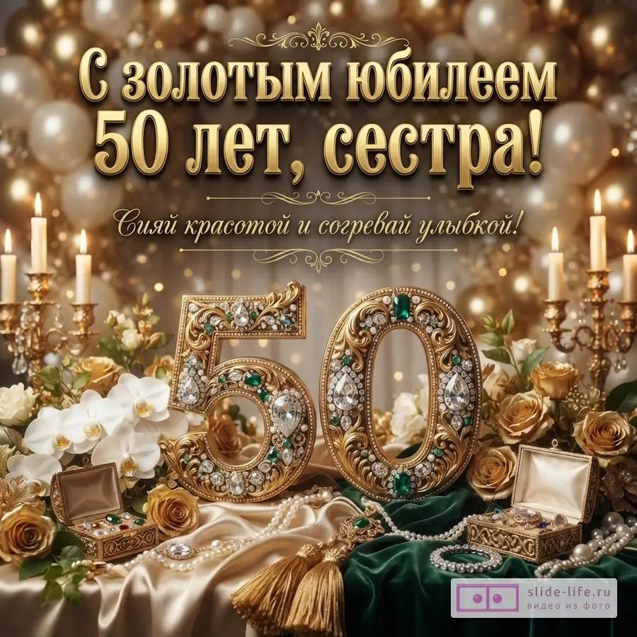 Фон с золотыми шарами и свечами, на переднем плане золотые цифры «50» с изумрудами и бриллиантами, шкатулки с украшениями, розы. Текст: «С золотым юбилеем 50 лет, сестра! Сияй красотой и согревай улыбкой!»