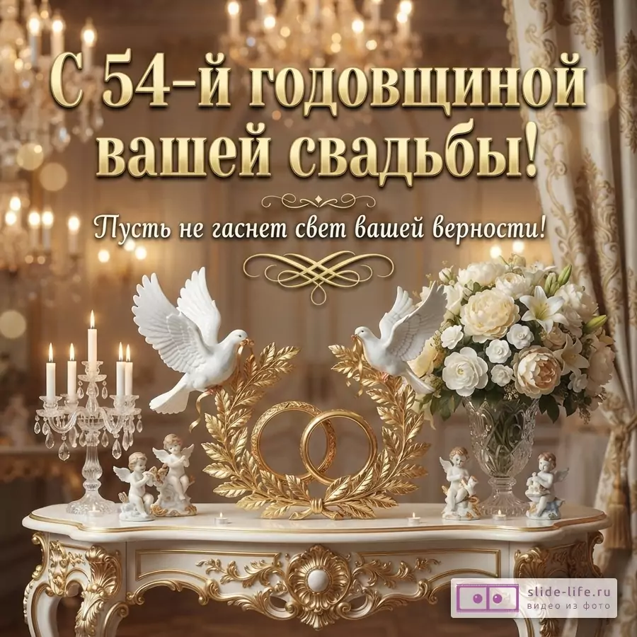 Открытка с золотым фоном, золотыми буквами, белыми голубями, обручальными кольцами, цветами и свечами. Текст: «С 54-й годовщиной вашей свадьбы! Пусть не гаснет свет вашей верности!»