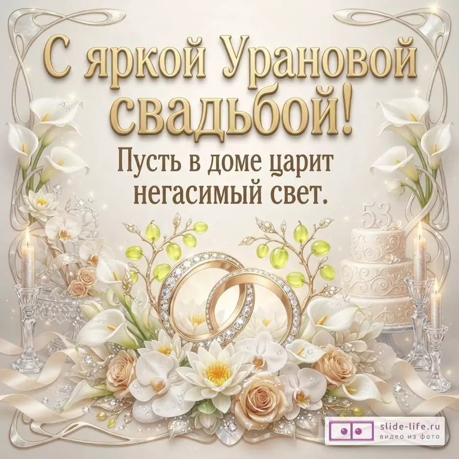 Бежево-золотая открытка с цветами, обручальными кольцами, свечами и тортом с цифрой «53». Текст: «С яркой Урановой свадьбой! Пусть в доме царит негасимый свет.»
