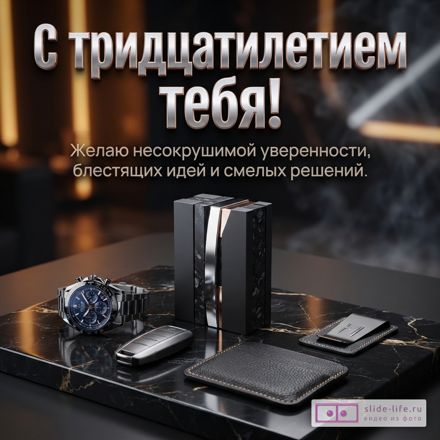Мужские часы, ключ от авто и кожаные аксессуары на мраморной подставке с текстом «С тридцатилетием тебя! Желаю несокрушимой уверенности, блестящих идей и смелых решений.».