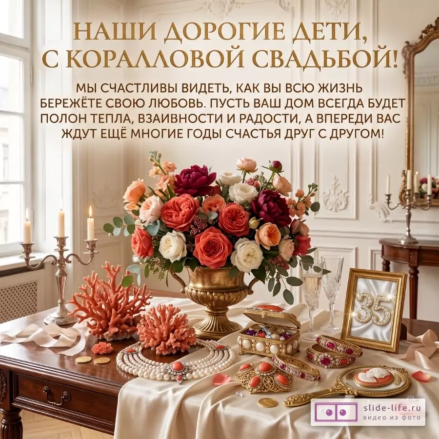 Бежевый интерьер, стол с букетом роз, кораллами, свечами, бокалами и рамкой «35». Текст: «НАШИ ДОРОГИЕ ДЕТИ, С КОРАЛЛОВОЙ СВАДЬБОЙ!»