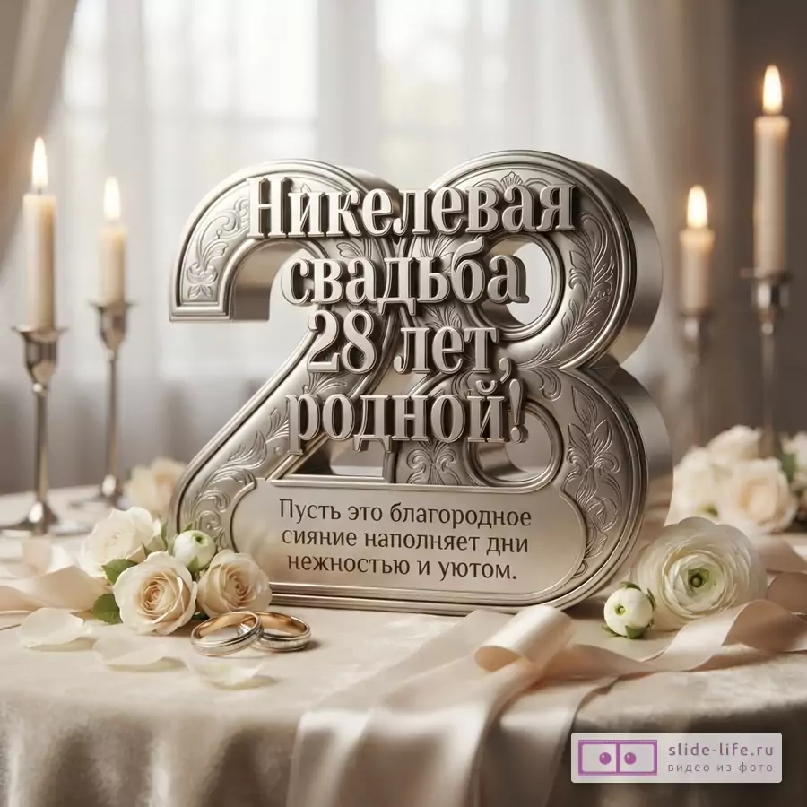 Серебряная цифра 28 с надписью «Никелевая свадьба 28 лет, родной! Пусть это благородное сияние наполняет дни нежностью и уютом.» на фоне стола с бежевой скатертью, свечами и цветами.