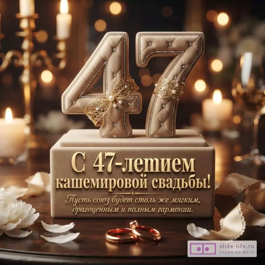 Бежевые цифры «47» с золотыми бантами и стразами на бежевой подставке, на фоне свечей и бокала. Текст: «С 47-летием кашемировой свадьбы! Пусть союз будет столь же мягким, драгоценным и полным гармонии.»