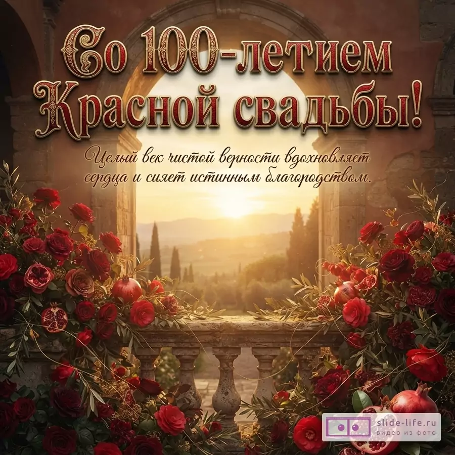 «Со 100-летием Красной свадьбы! Целый век чистой верности вдохновляет сердца и сияет истинным благородством». Арочный пейзаж на закате, красные розы, гранаты, коричнево-золотистый фон.