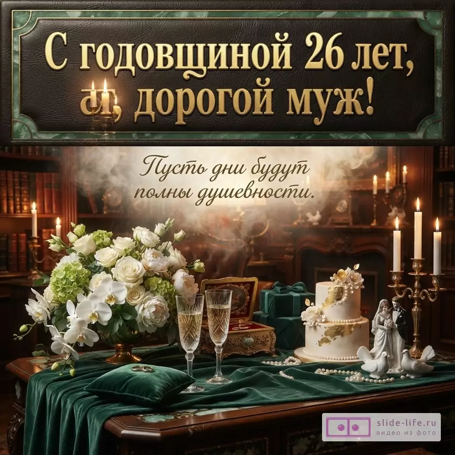 Темный фон с зеленой рамкой, золотая надпись «С годовщиной 26 лет, дорогой муж!», ниже курсивом «Пусть дни будут полны душевности.»