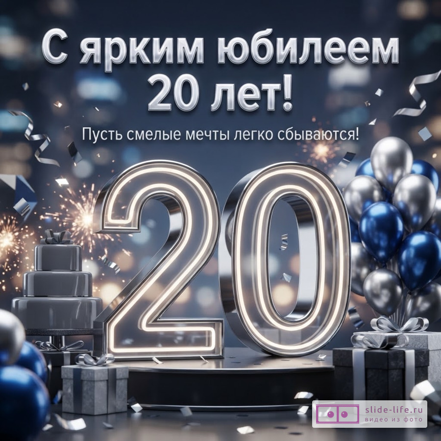Открытка с надписью «С ярким юбилеем 20 лет! Пусть смелые мечты легко сбываются!». Фон синий, в центре большие светящиеся цифры 20, слева торт, справа связка шаров и подарки, конфетти, фейерверк.