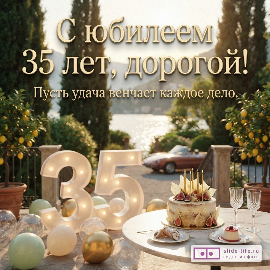 Большие светящиеся цифры 35, праздничный торт и бокалы на террасе у озера, надпись «С юбилеем 35 лет, дорогой! Пусть удача венчает каждое дело.»