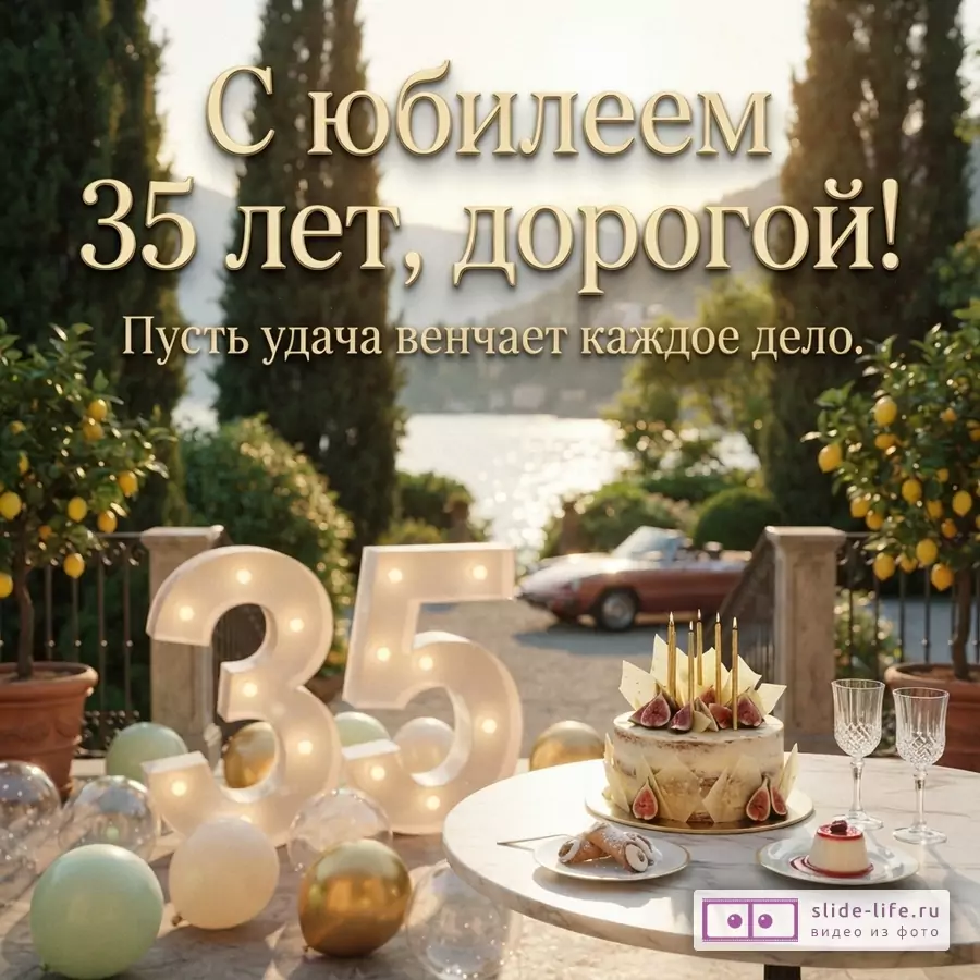 Большие светящиеся цифры 35, праздничный торт и бокалы на террасе у озера, надпись «С юбилеем 35 лет, дорогой! Пусть удача венчает каждое дело.»