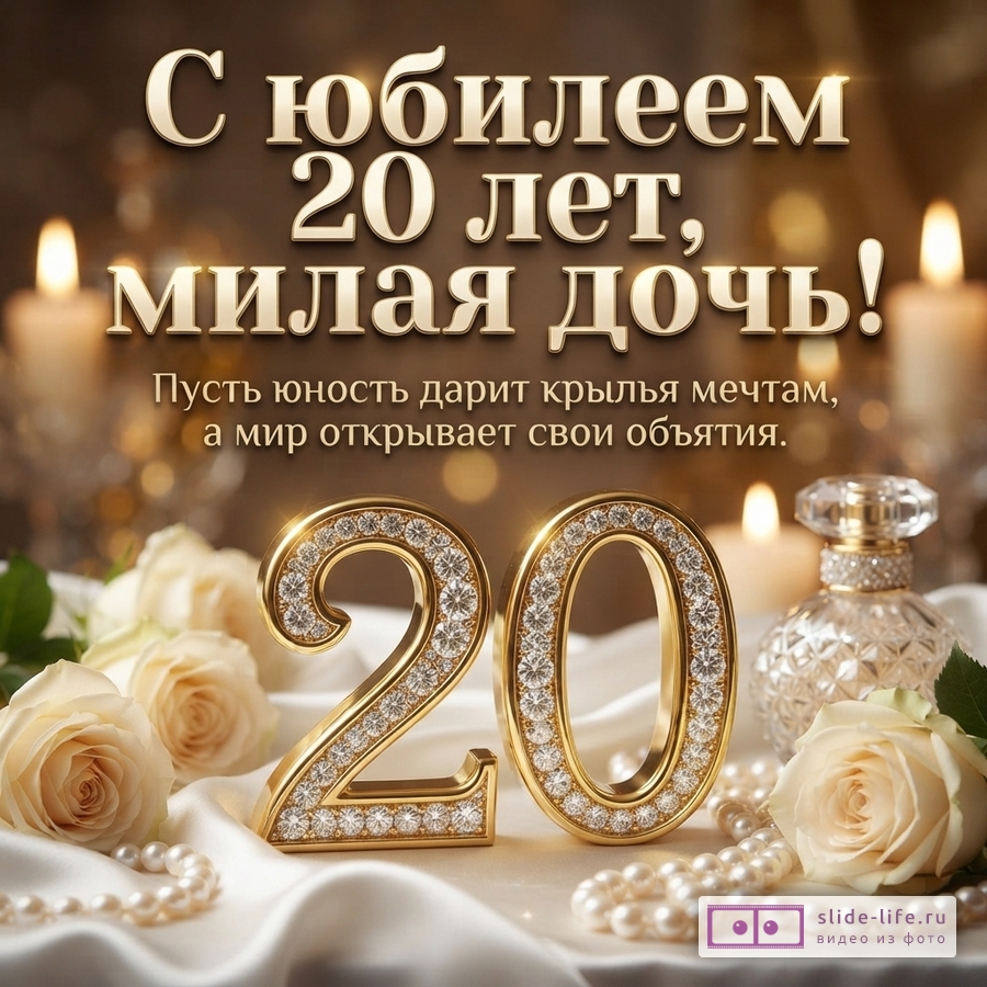 Золотая объемная цифра 20 с кристаллами, белые розы, жемчуг, флакон духов и надпись «С юбилеем 20 лет, милая дочь! Пусть юность дарит крылья мечтам, а мир открывает свои объятия.» на теплом фоне со свечами.