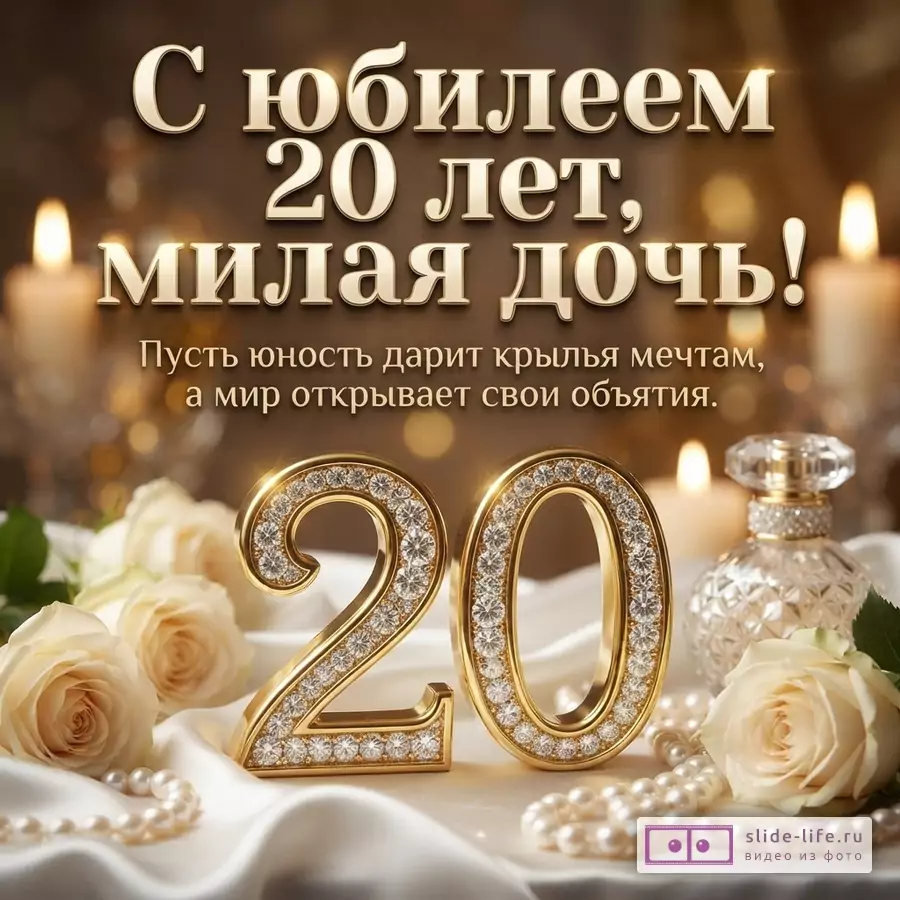 Золотая объемная цифра 20 с кристаллами, белые розы, жемчуг, флакон духов и надпись «С юбилеем 20 лет, милая дочь! Пусть юность дарит крылья мечтам, а мир открывает свои объятия.» на теплом фоне со свечами.