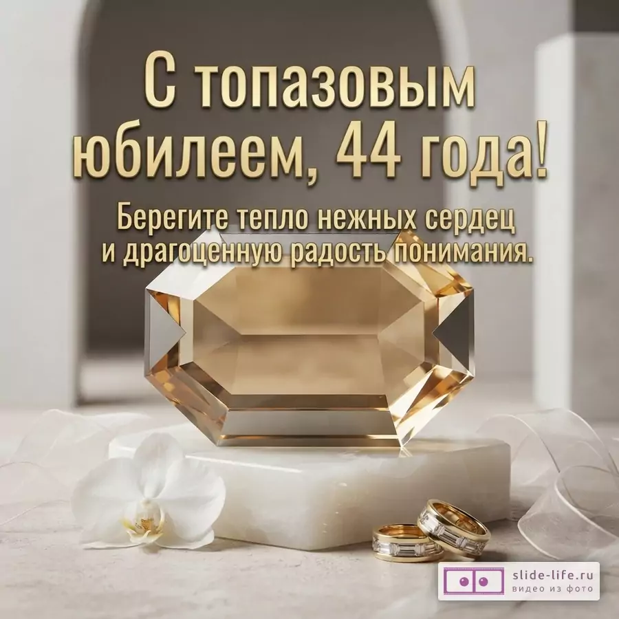 Открытка с золотым текстом на сером фоне, крупный золотой топаз, белая орхидея, два золотых кольца. Надпись «С топазовым юбилеем, 44 года! Берегите тепло нежных сердец и драгоценную радость понимания.»