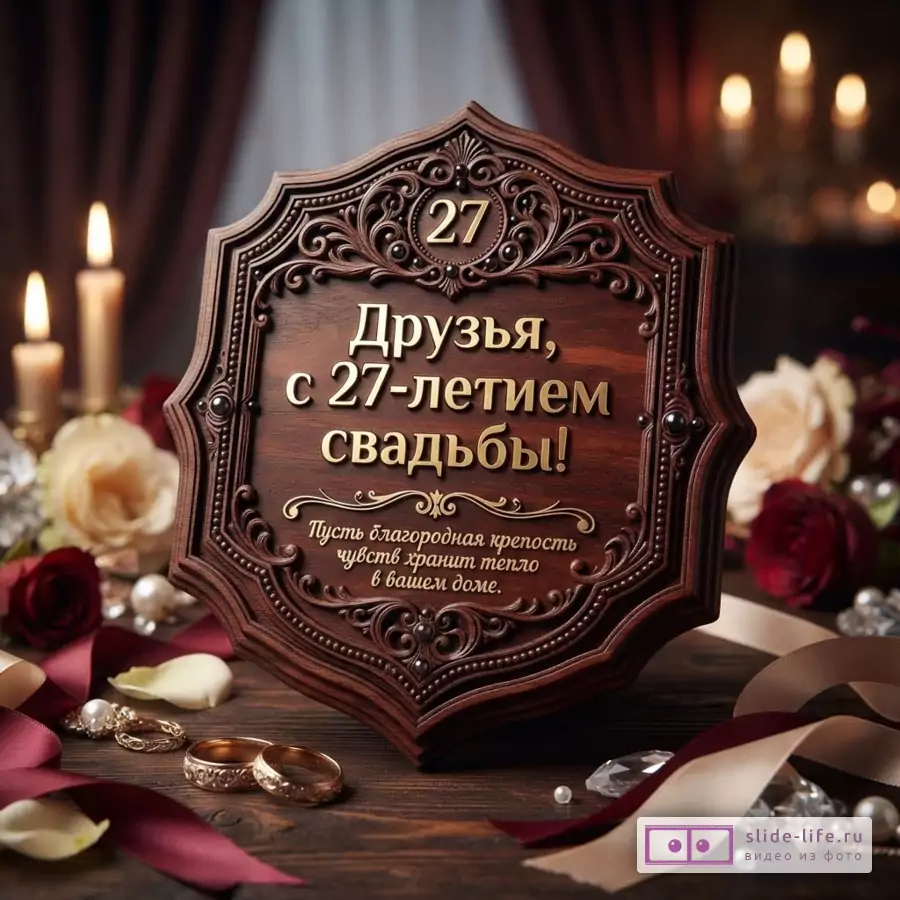 Коричневая деревянная табличка с золотыми надписями «27», «Друзья, с 27-летием свадьбы!», «Пусть благородная крепость чувств хранит тепло в вашем доме.» на фоне свечей, цветов и обручальных колец.
