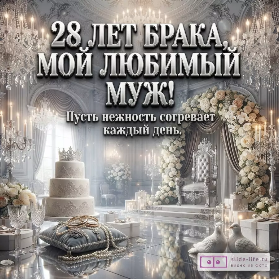 Открытка с белым фоном, хрустальными люстрами, свадебным тортом, обручальными кольцами на подушке, двумя белыми голубями. Текст: «28 ЛЕТ БРАКА, МОЙ ЛЮБИМЫЙ МУЖ! Пусть нежность согревает каждый день.»