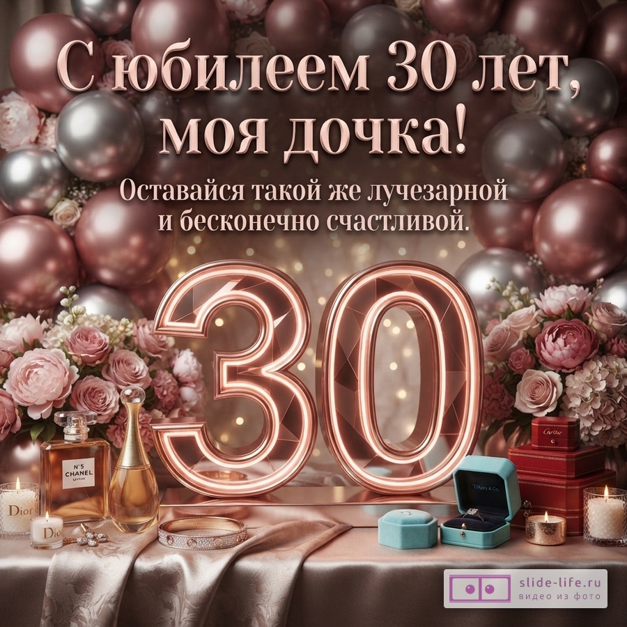 Объемная цифра 30 цвета розового золота с шарами, пионами, флаконом духов и надписью «С юбилеем 30 лет, моя дочка! Оставайся такой же лучезарной и бесконечно счастливой.»