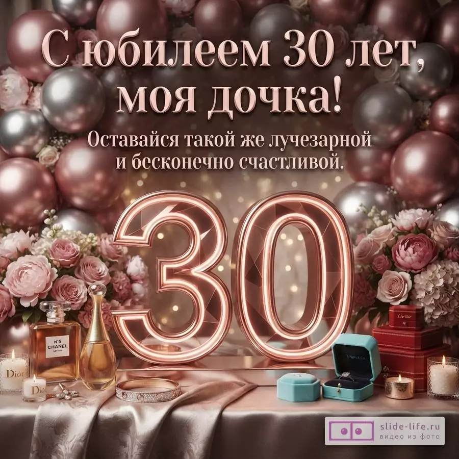 Объемная цифра 30 цвета розового золота с шарами, пионами, флаконом духов и надписью «С юбилеем 30 лет, моя дочка! Оставайся такой же лучезарной и бесконечно счастливой.»