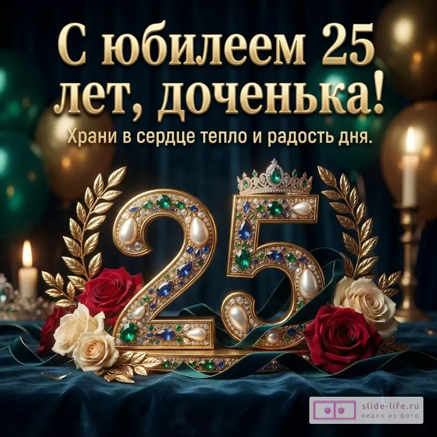 Объемная золотая цифра 25 с драгоценными камнями, короной и розами на фоне воздушных шаров с надписью «С юбилеем 25 лет, доченька! Храни в сердце тепло и радость дня.»