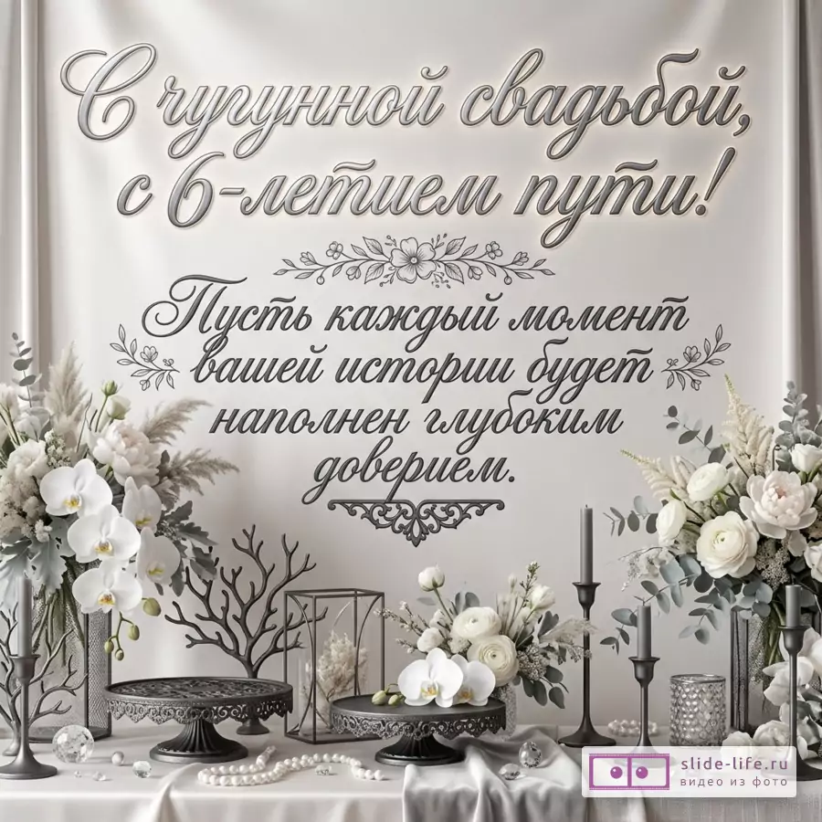 Бежевый фон, черный каллиграфический текст «С чугунной свадьбой, с 6-летием пути! Пусть каждый момент вашей истории будет наполнен глубоким доверием.», белые цветы, свечи, декоративные подставки и жемчуг