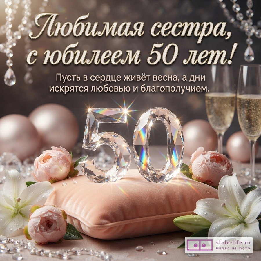Темный фон, сверху хрустальные подвески, снизу розовые пионы, белые лилии, хрустальные цифры «50» на розовой подушке, два бокала шампанского. Текст: «Любимая сестра, с юбилеем 50 лет! Пусть в сердце живёт весна, а дни искрятся любовью и благополучием.»