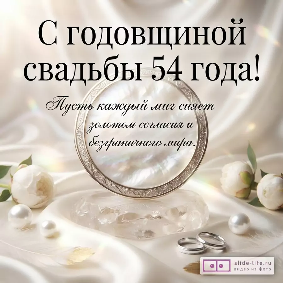 Бежево-золотой фон, в центре декоративная круглая рамка, белые цветы, жемчужины и кольца. Текст «С годовщиной свадьбы 54 года! Пусть каждый миг сияет золотом согласия и безграничного мира.»