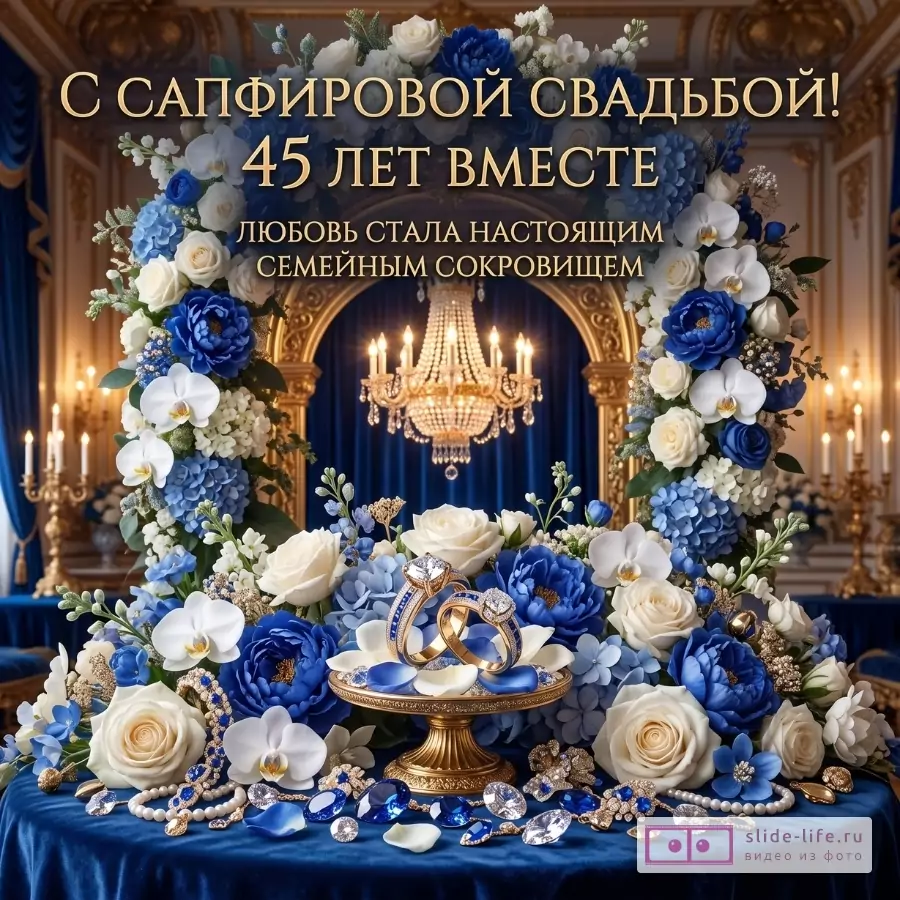 Золотой интерьер с синими шторами, венок из синих и белых цветов, кольца на золотой подставке. Текст: «С САПФИРОВОЙ СВАДЬБОЙ! 45 ЛЕТ ВМЕСТЕ ЛЮБОВЬ СТАЛА НАСТОЯЩИМ СЕМЕЙНЫМ СОКРОВИЩЕМ»