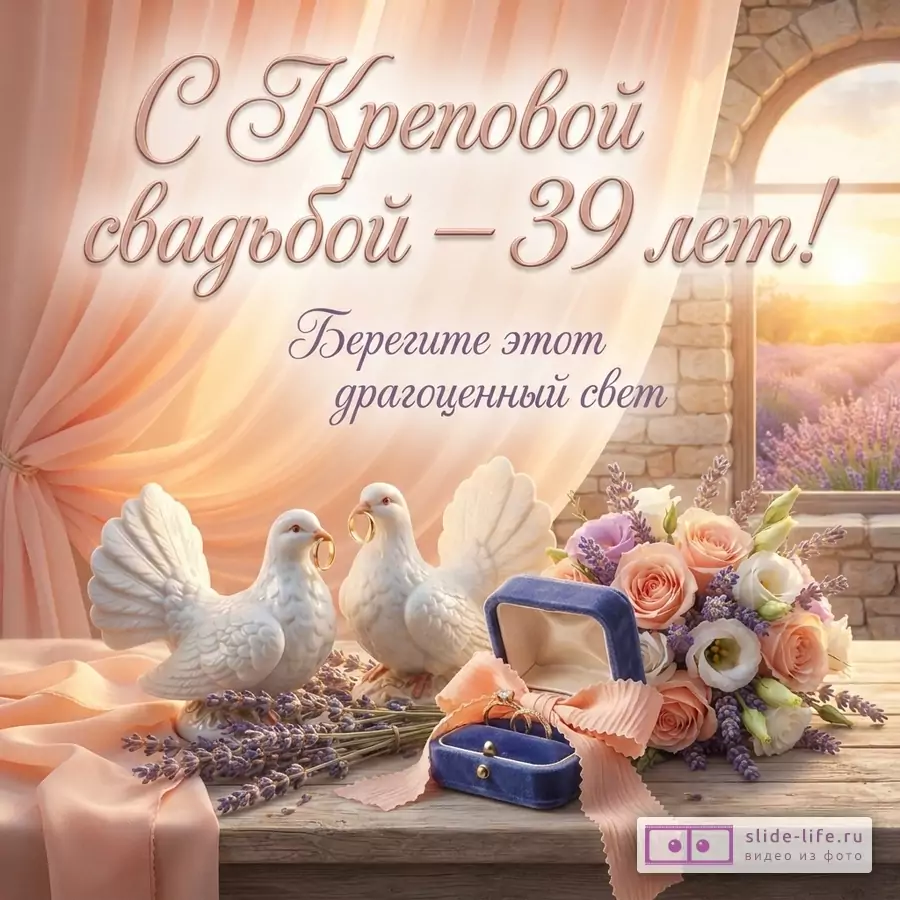 Открытка с бежевым фоном, розовыми шторами, двумя белыми голубями, букетом цветов и синей коробочкой с кольцами. Текст: «С Креповой свадьбой – 39 лет! Берегите этот драгоценный свет»