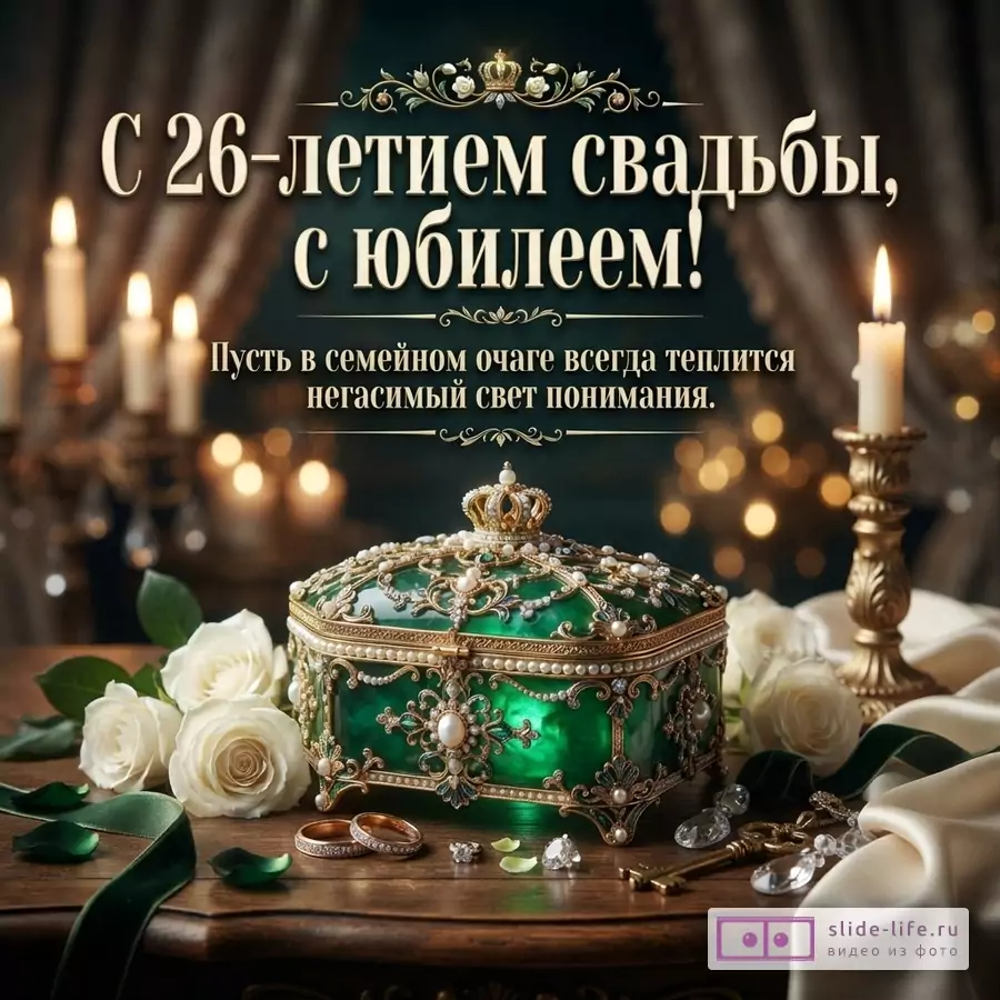 Темный фон, свечи по бокам, зеленая шкатулка с золотым декором, белые розы, кольца и кремовая ткань; текст «С 26-летием свадьбы, с юбилеем! Пусть в семейном очаге всегда теплится негасимый свет понимания.»