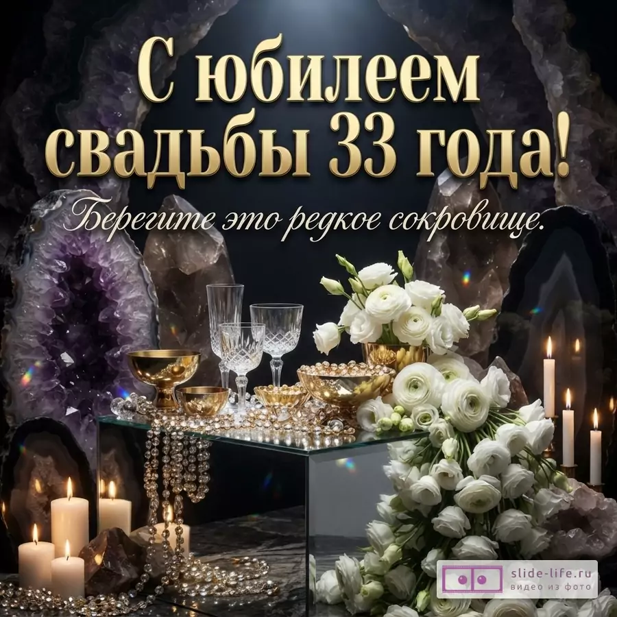 Темный фон с фиолетовыми и коричневыми кристаллами, золотые чаши, хрустальные бокалы, белые цветы, свечи, бусы. Текст: «С юбилеем свадьбы 33 года! Берегите это редкое сокровище.»