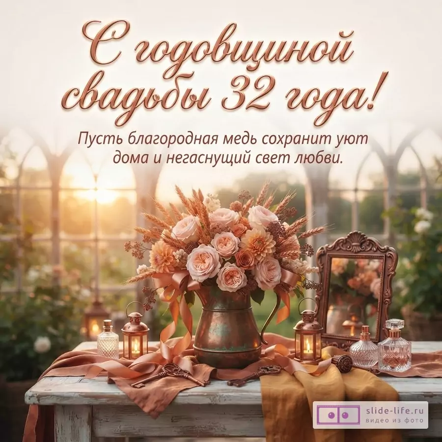 Открытка с букетом персиковых роз и колосьев в медном кувшине на белом столе, на фоне окна с видом на сад. Текст: «С годовщиной свадьбы 32 года! Пусть благородная медь сохранит уют дома и негаснущий свет любви.»