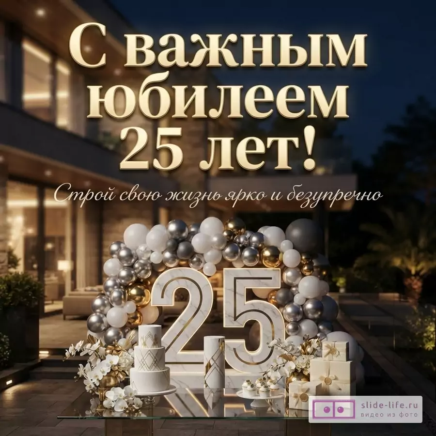 Праздничная фотозона у дома с шарами, тортом, подарками и цифрой 25 с надписью «С важным юбилеем 25 лет! Строй свою жизнь ярко и безупречно».
