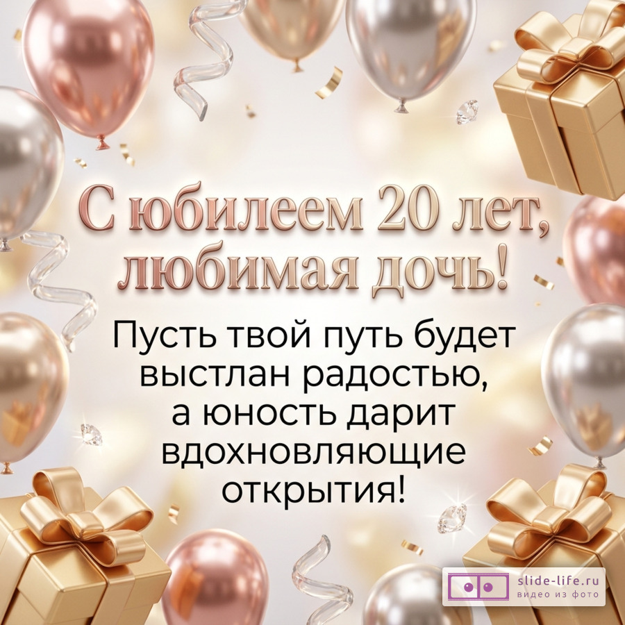Бежевый фон, розово-золотые и серебристые шары, золотые подарки, ленты и конфетти, текст «С юбилеем 20 лет, любимая дочь!» и «Пусть твой путь будет выстлан радостью, а юность дарит вдохновляющие открытия!»