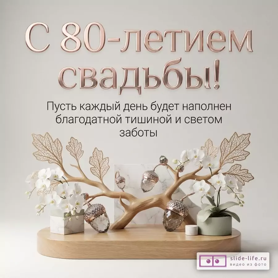 Серая открытка с дубовой ветвью, листьями, желудями и белыми орхидеями. Текст: «С 80-летием свадьбы! Пусть каждый день будет наполнен благодатной тишиной и светом заботы.»