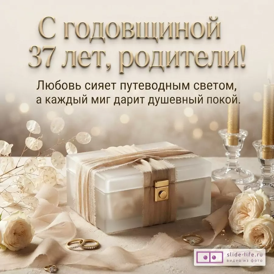 Бежевый фон с боке, сверху текст «С годовщиной 37 лет, родители! Любовь сияет путеводным светом, а каждый миг дарит душевный покой.», внизу матовая стеклянная шкатулка с бежевой лентой, две свечи в подсвечниках, две белые розы, два кольца.
