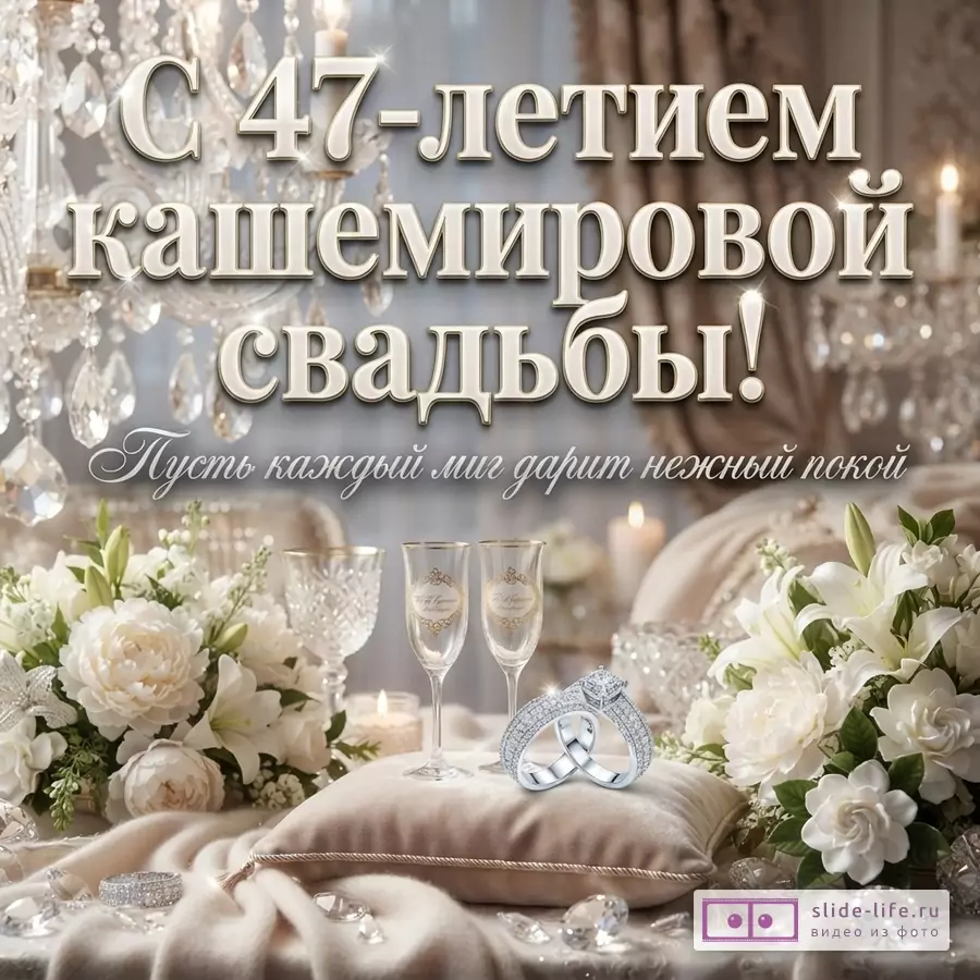 Фон с люстрами и свечами, на переднем плане белые цветы, два бокала, подушка с двумя кольцами. Текст: «С 47-летием кашемировой свадьбы! Пусть каждый миг дарит нежный покой»
