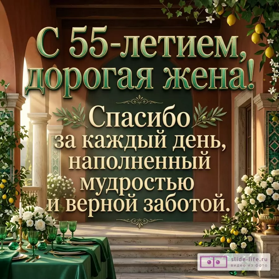 Открытка с текстом «С 55-летием, дорогая жена! Спасибо за каждый день, наполненный мудростью и верной заботой.» зеленый и коричневый фон, арки, колонны, белые розы, лимоны, зелень, сервировка стола