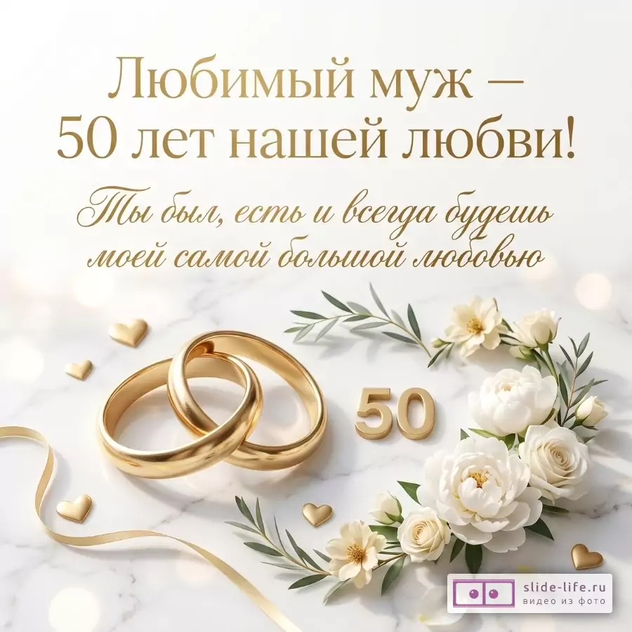 Белый мраморный фон, золотые кольца, белые цветы и сердечки, «Любимый муж — 50 лет нашей любви! Ты был, есть и всегда будешь моей самой большой любовью»